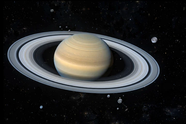 Collection of tiny moons orbiting Saturn like small gathered stones