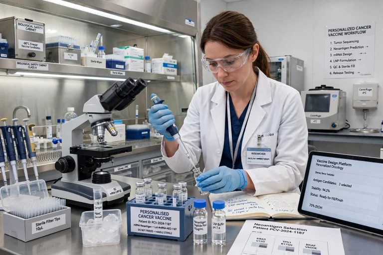 Small-Batch Medicine: A Vaccine Made for One Patient at a Time Craftsman scientist preparing a single personalised vaccine batch by hand