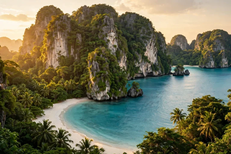 Lush tropical island destination with turquoise water and pristine beach in golden light