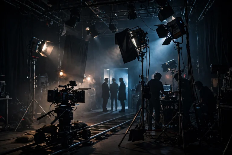 Cinematic film set with camera and lighting rigs in a moody thriller atmosphere